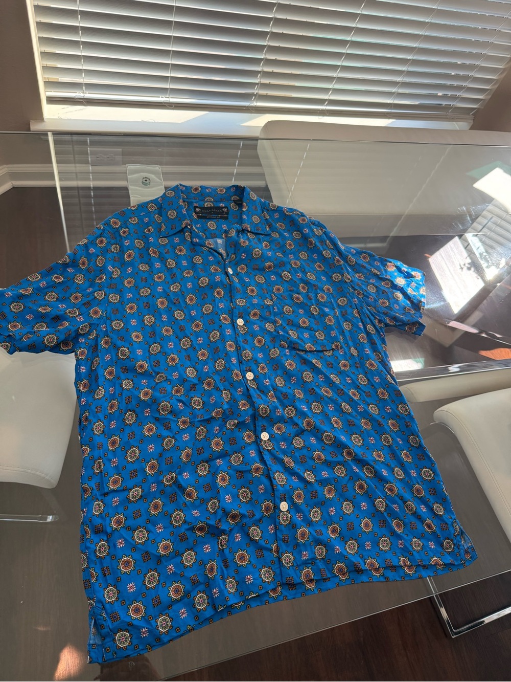 Men’s All Saints Blue Short-Sleeve Button-Up Shirt with Geometric Print